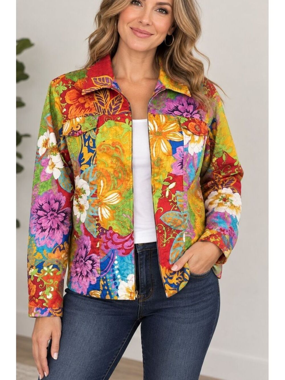 Coldwater Creek XL Floral Jacket Multicolor Art To Wear Boho Maximalist Cotton